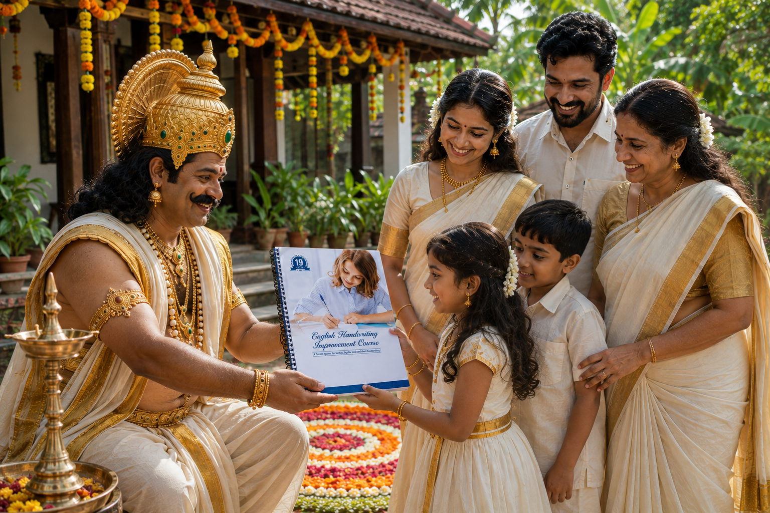 Maveli holding IIH handwriting book during Onam